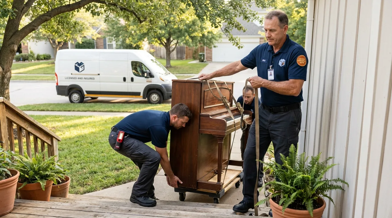 Licensed piano movers securing grand piano in Tilton, IL